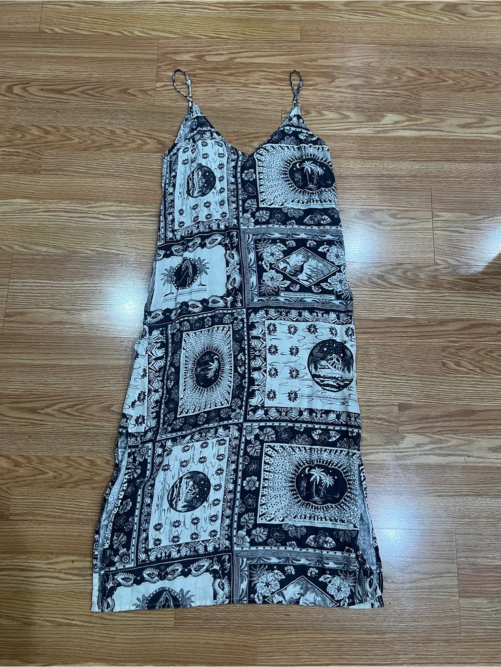 Black & White Linen Printed Maxi Slip Dress - Women M